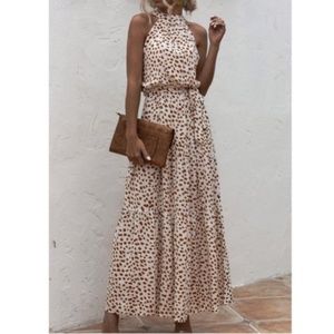 Baby Blue Leopard Print Halter Belted Dress